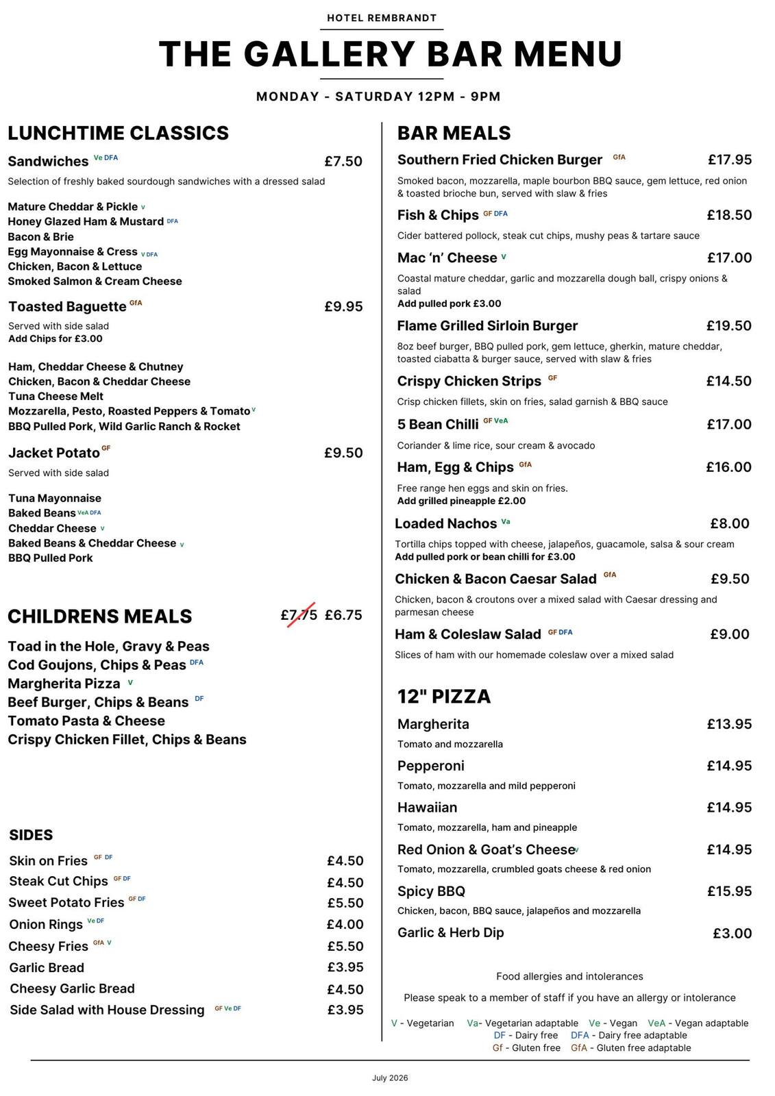 Gallery Bar menu