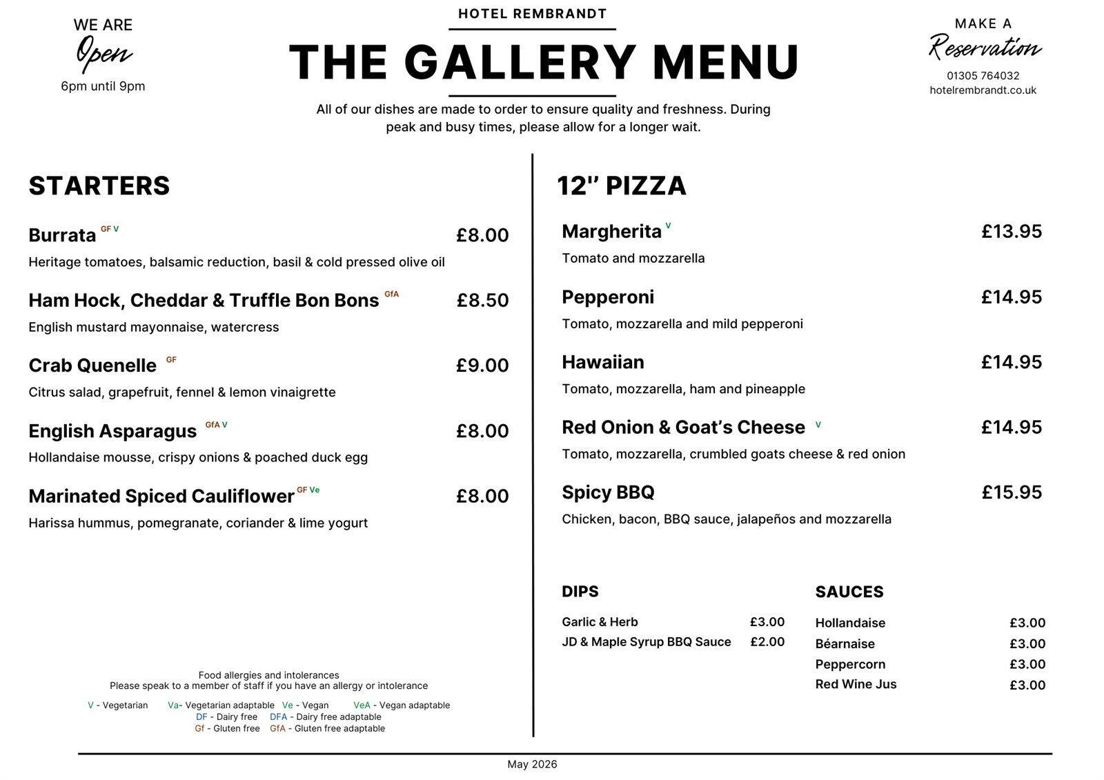 Gallery Restaurant menu