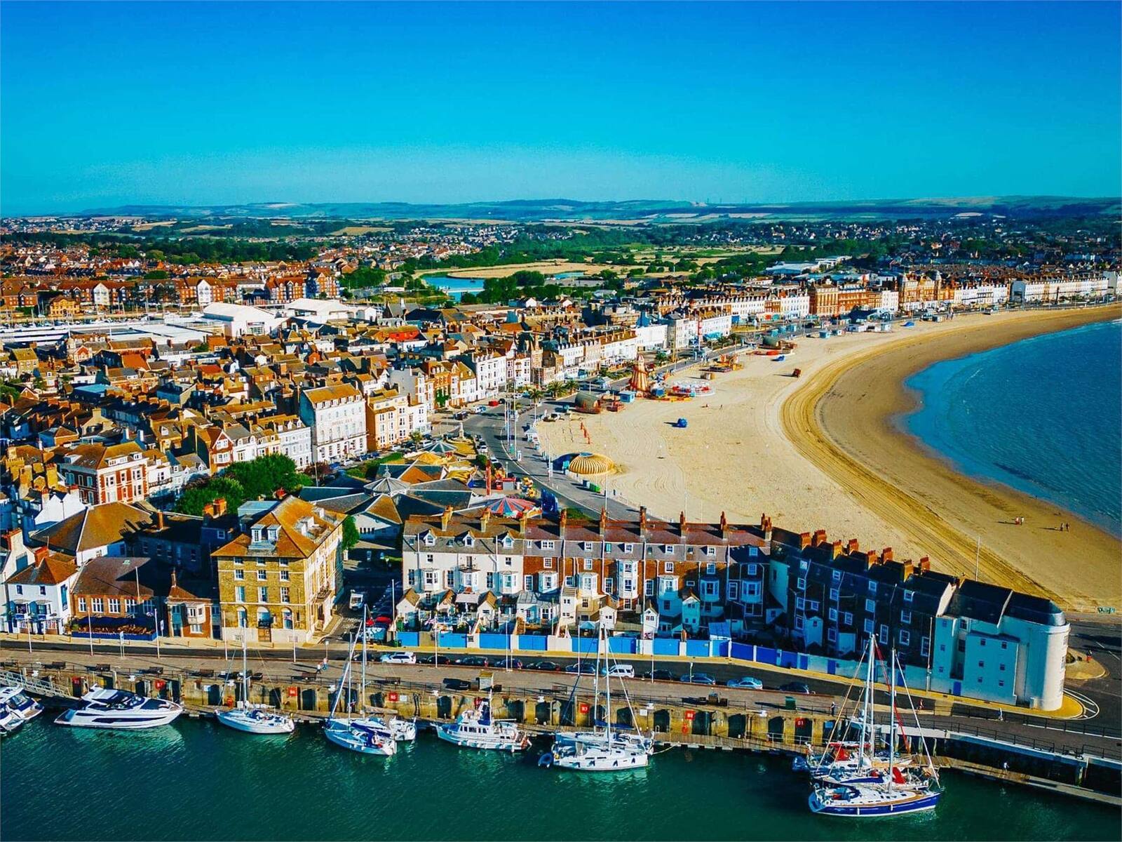 Weymouth bay, beach and harbour from the air